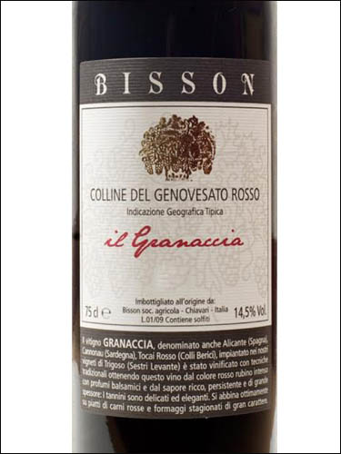 фото Bisson Il Granaccia Colline del Genovesato Rosso IGT Биссон Граначча Коллине дель Дженовесато Россо Италия вино красное