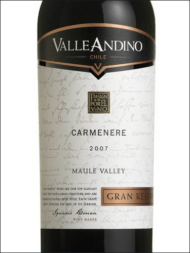 фото Valle Andino Gran Reserva Carmenere Valle del Maule DO Велле Андино Гран Резерва Карменер Долина Мауле Чили вино красное