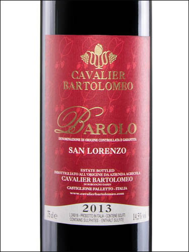 фото Cavalier Bartolomeo Barolo San Lorenzo DOCG Кавальер Бартоломео Бароло Сан Лоренцо Италия вино красное