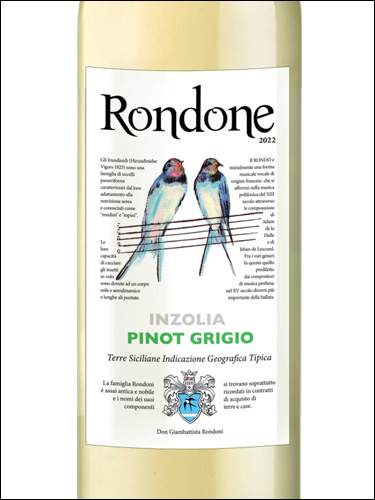фото Rondone Inzolia Pinot Grigio Terre Siciliane IGP Рондоне Инзолия Пино Гриджио Терре Сичилиане Италия вино белое